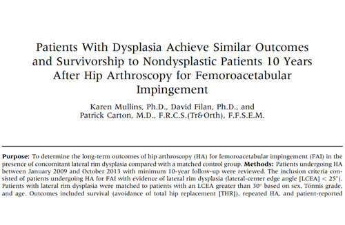 Patients With Dysplasia Achieve Similar Outcomes and Survivorship to Nondysplastic Patients 10 Years After Hip Arthroscopy for Femoroacetabular Impingement